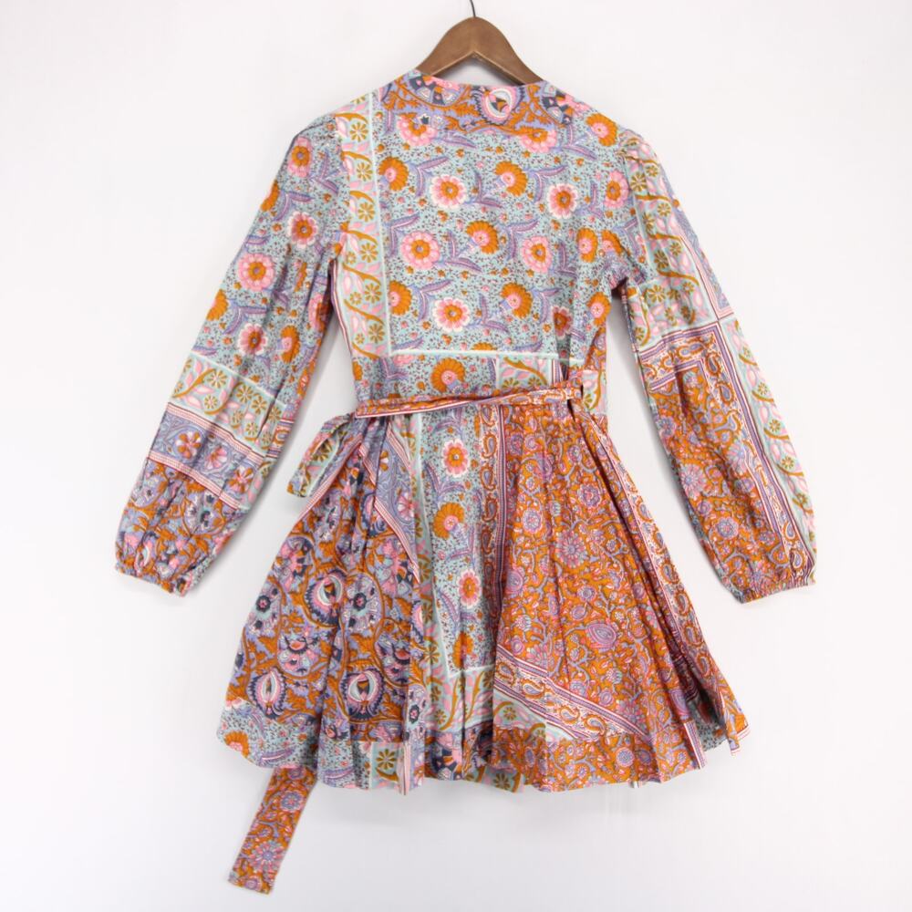 Mille Nan Wrap Dress Womens S Multicolor Floral Long Sleeve Cotton V Neck Mini - Picture 2 of 10